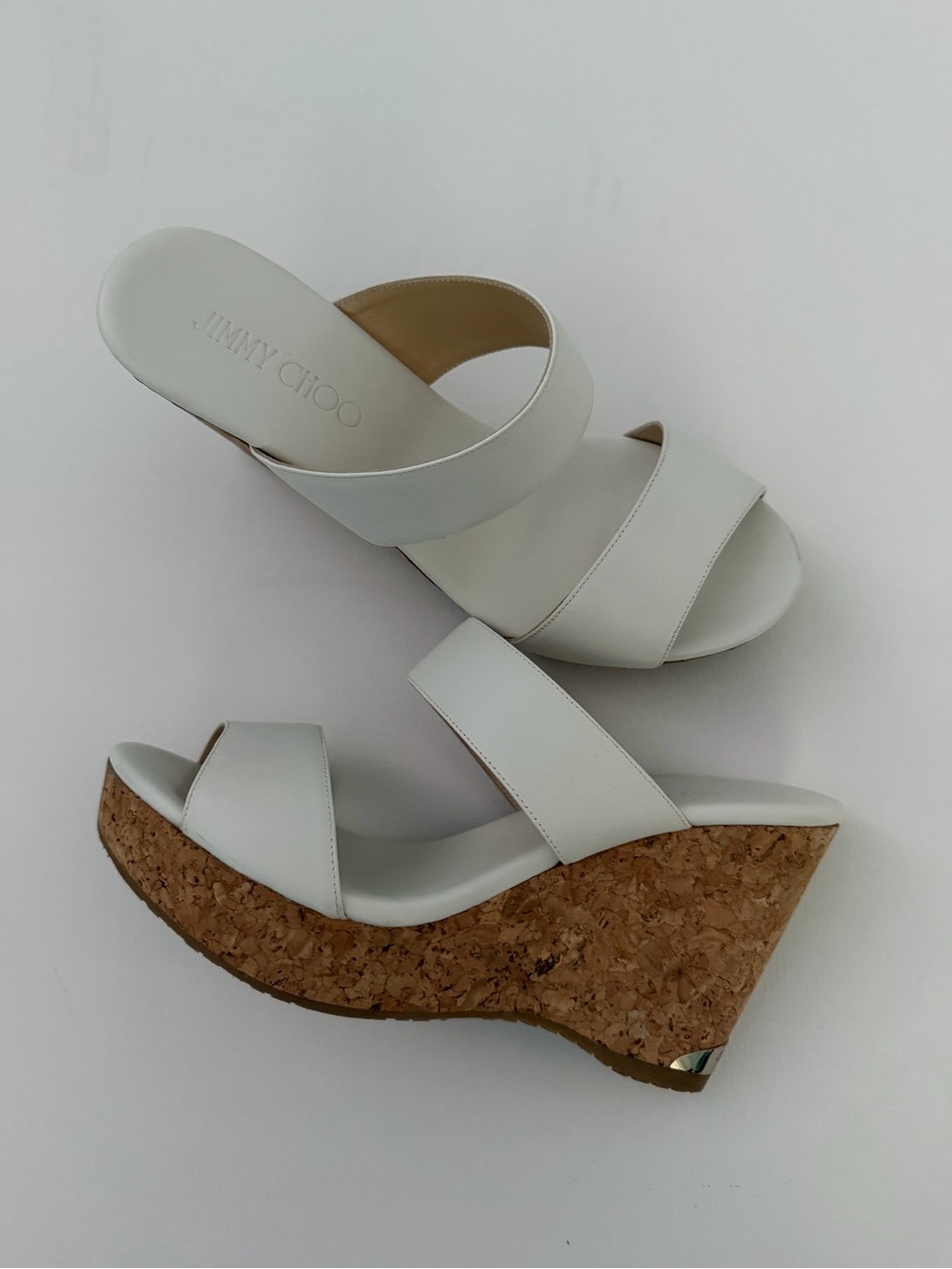 Jimmy Choo White Leather Cork Wedge Sandals